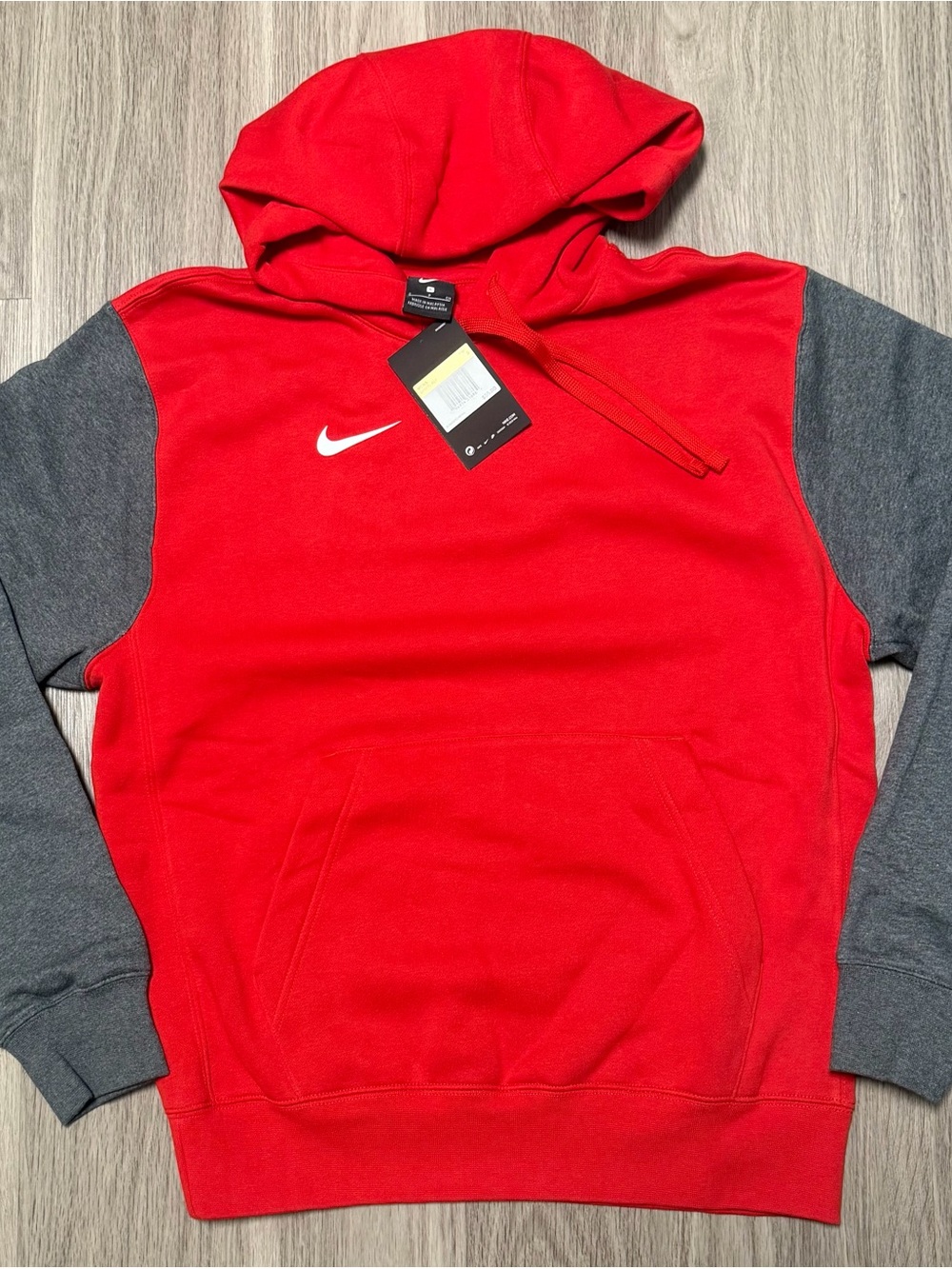 Nike Red Pullover Hoodie with Gray Sleeves and White Swoosh